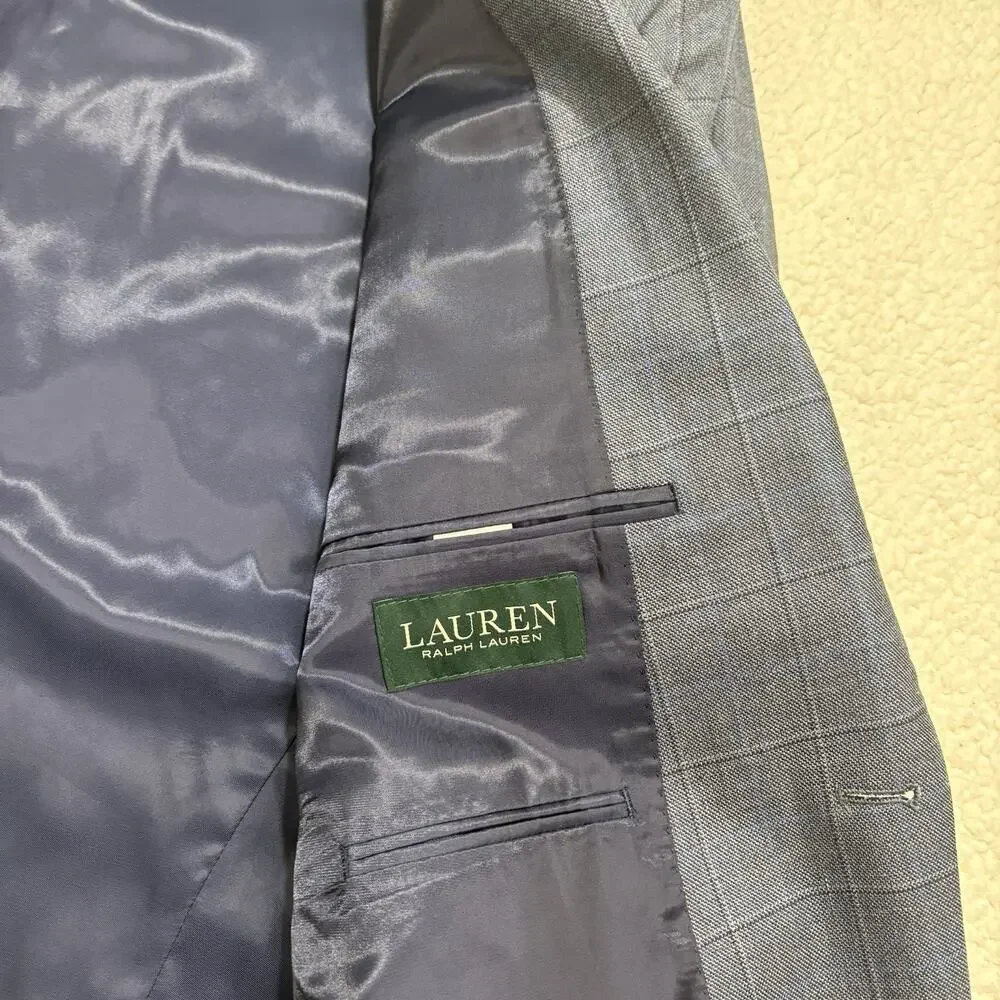 Lauren Ralph Lauren Blazer‎ 42R Blue Windowpane Single Vent Silk Wool Blend